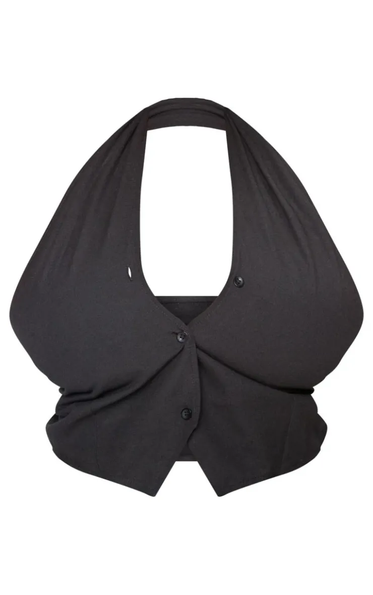 Hot PrettyLittleThing Plus Linen Wrap Halterneck Vest Black