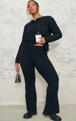 PrettyLittleThing Plus Melange Soft Knit Foldover Waist Flared Pants Black