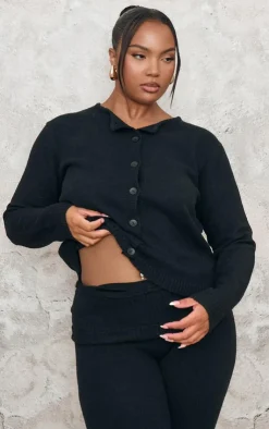 Outlet PrettyLittleThing Plus Melange Soft Knit Basic Button Up Cardigan Black
