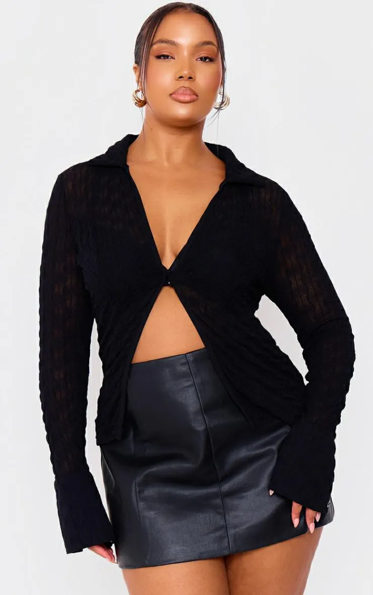Hot PrettyLittleThing Plus Mesh Button Front Shirt Black