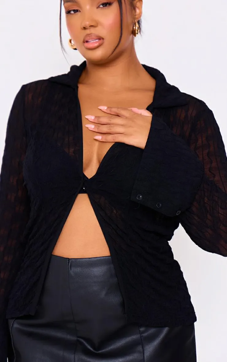 Hot PrettyLittleThing Plus Mesh Button Front Shirt Black