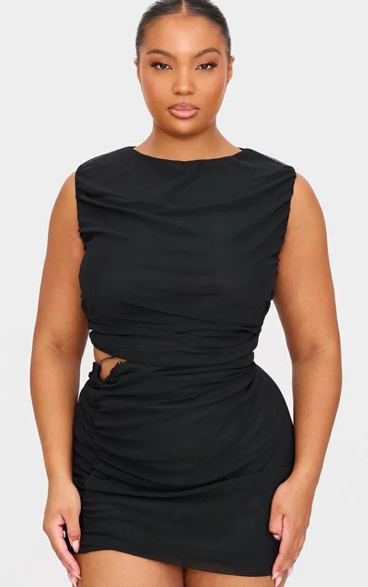 Hot PrettyLittleThing Plus Mesh Ruched Trim Detail Crop Top Black