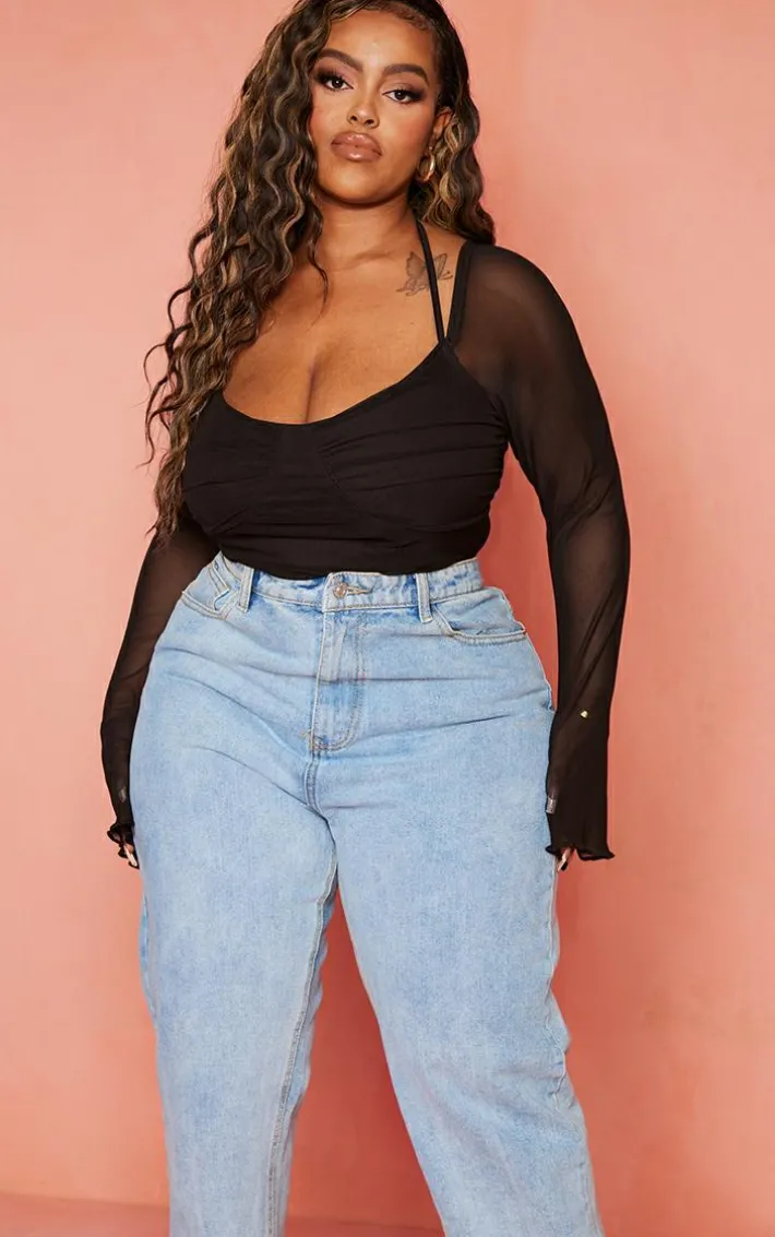 Plus Black Mesh Sleeve Halter Neck Bodysuit