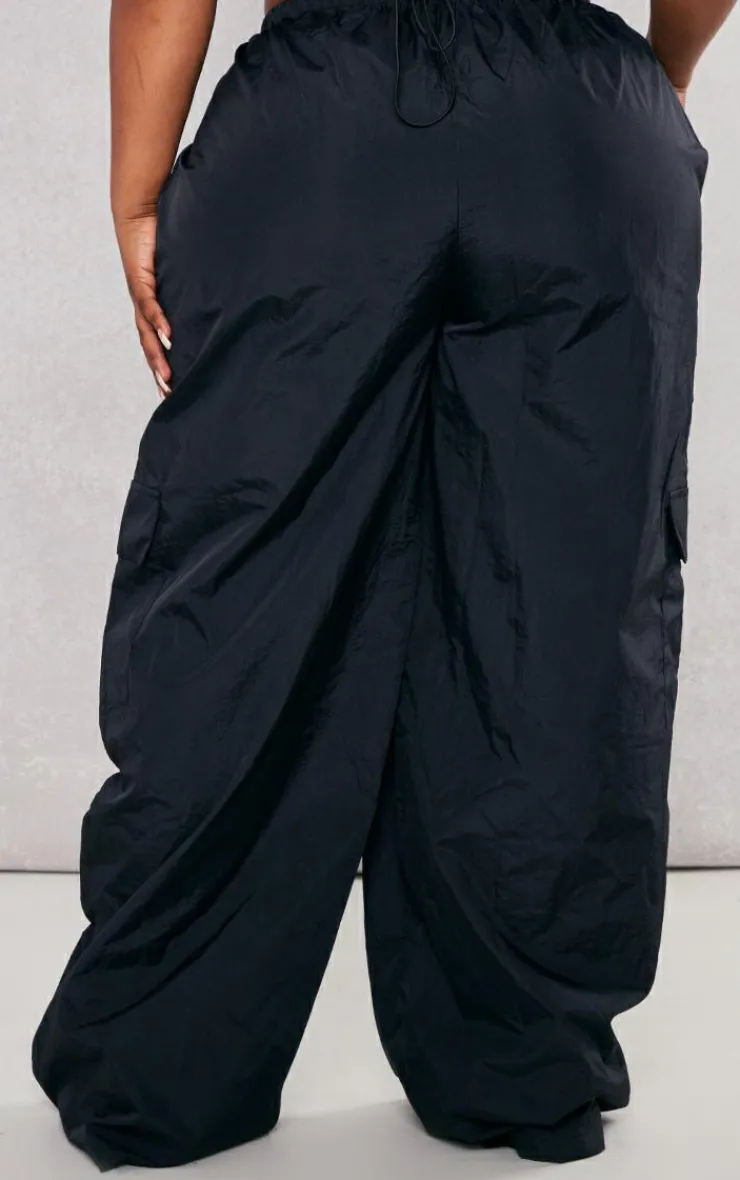Online PrettyLittleThing Plus Nylon Wide Leg Cargo Pants Black