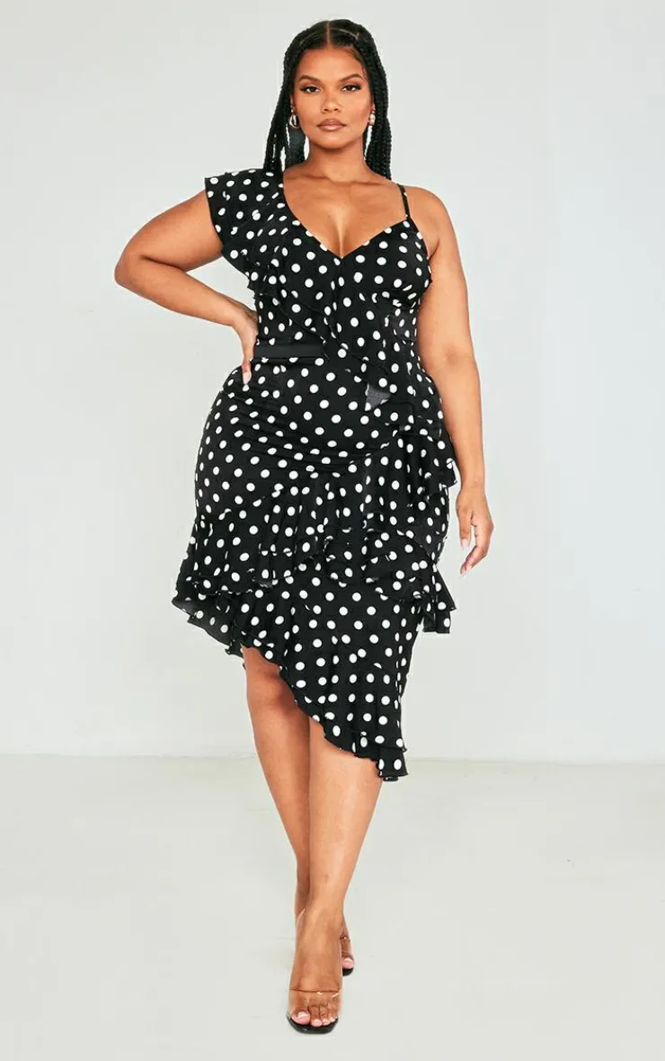 Plus Polka Dot Ruffle Detail Midi Dress-PrettyLittleThing Outlet