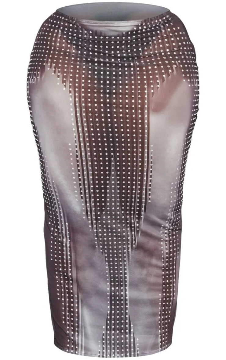 Clearance PrettyLittleThing Plus Printed Mesh Diamante Hot Fix Low Rise Maxi Skirt Black