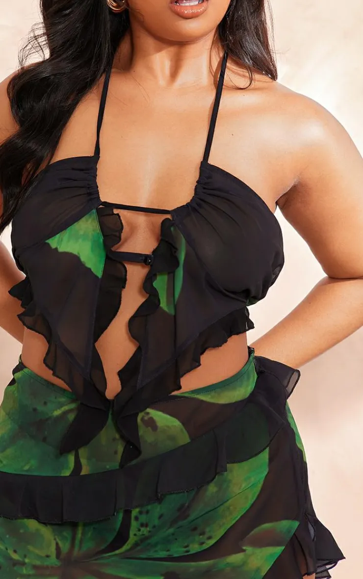 Discount PrettyLittleThing Plus Printed Ruffle Detail Halterneck Crop Top Black