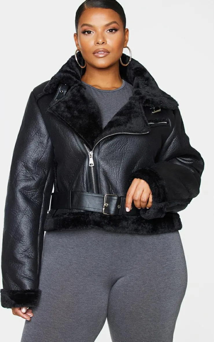 PrettyLittleThing Aviator Jackets*Plus PU Cropped Belted Aviator