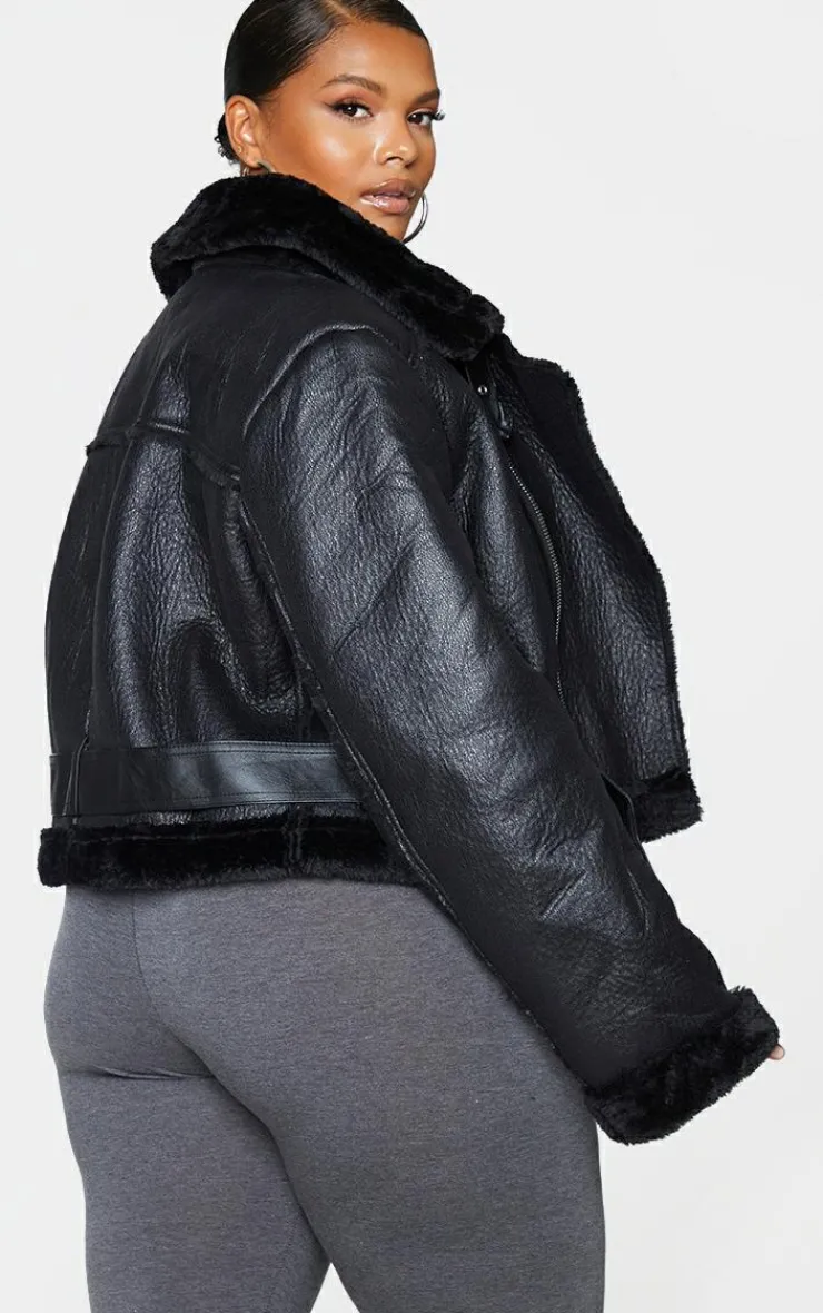 PrettyLittleThing Aviator Jackets*Plus PU Cropped Belted Aviator