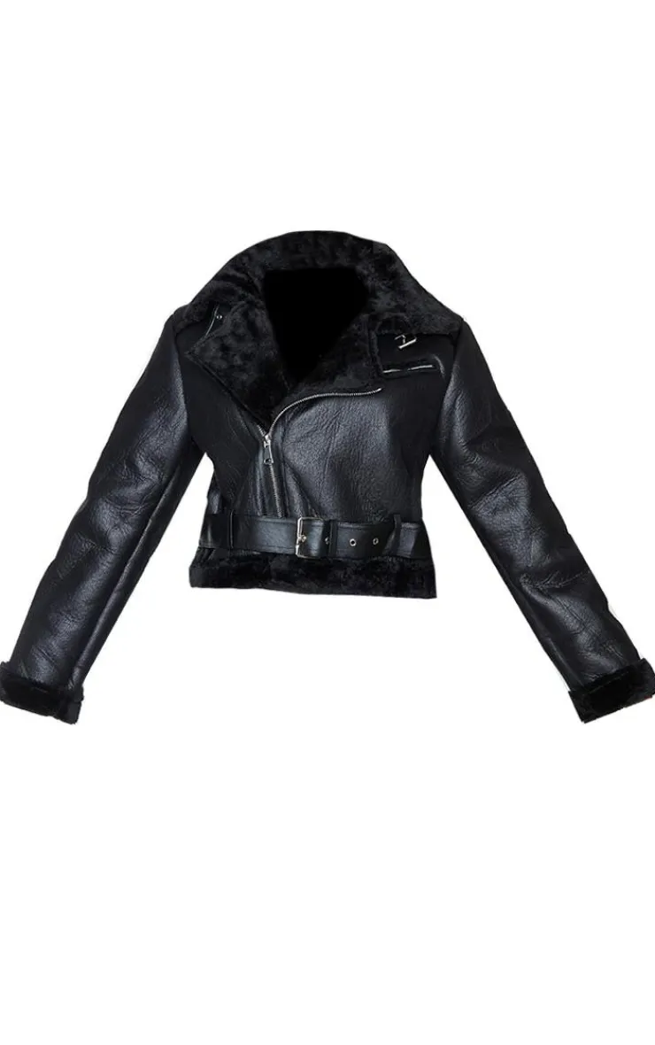 PrettyLittleThing Aviator Jackets*Plus PU Cropped Belted Aviator