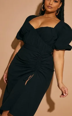 Plus Puff Sleeve Ruched Side Split Midi Dress-PrettyLittleThing Discount