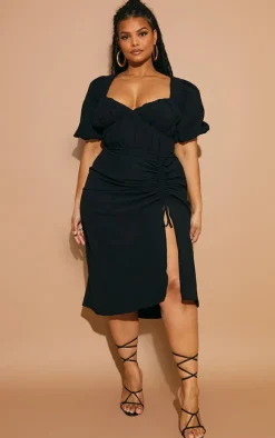 Plus Puff Sleeve Ruched Split Side Midi Dress-PrettyLittleThing Discount