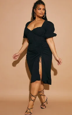 Plus Puff Sleeve Ruched Split Side Midi Dress-PrettyLittleThing Discount