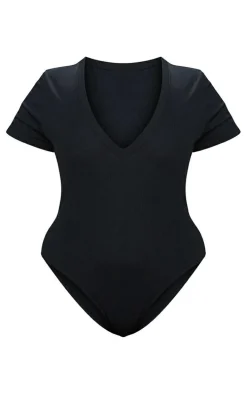 Plus Black Ribbed Plunge Short Sleeve Bodysuit