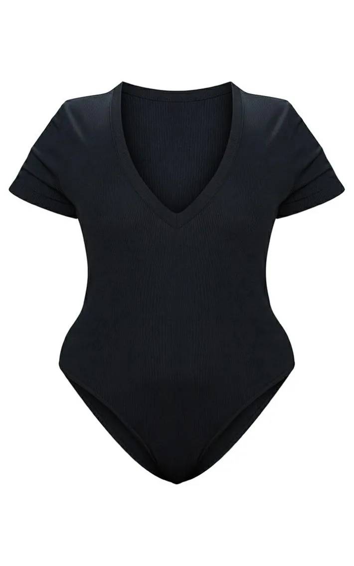 Plus Black Ribbed Plunge Short Sleeve Bodysuit