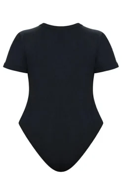 Plus Black Ribbed Plunge Short Sleeve Bodysuit