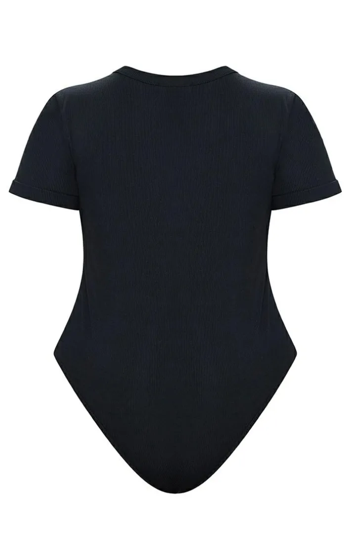 Plus Black Ribbed Plunge Short Sleeve Bodysuit