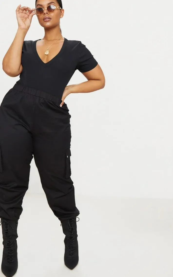 Plus Black Ribbed Plunge Short Sleeve Bodysuit