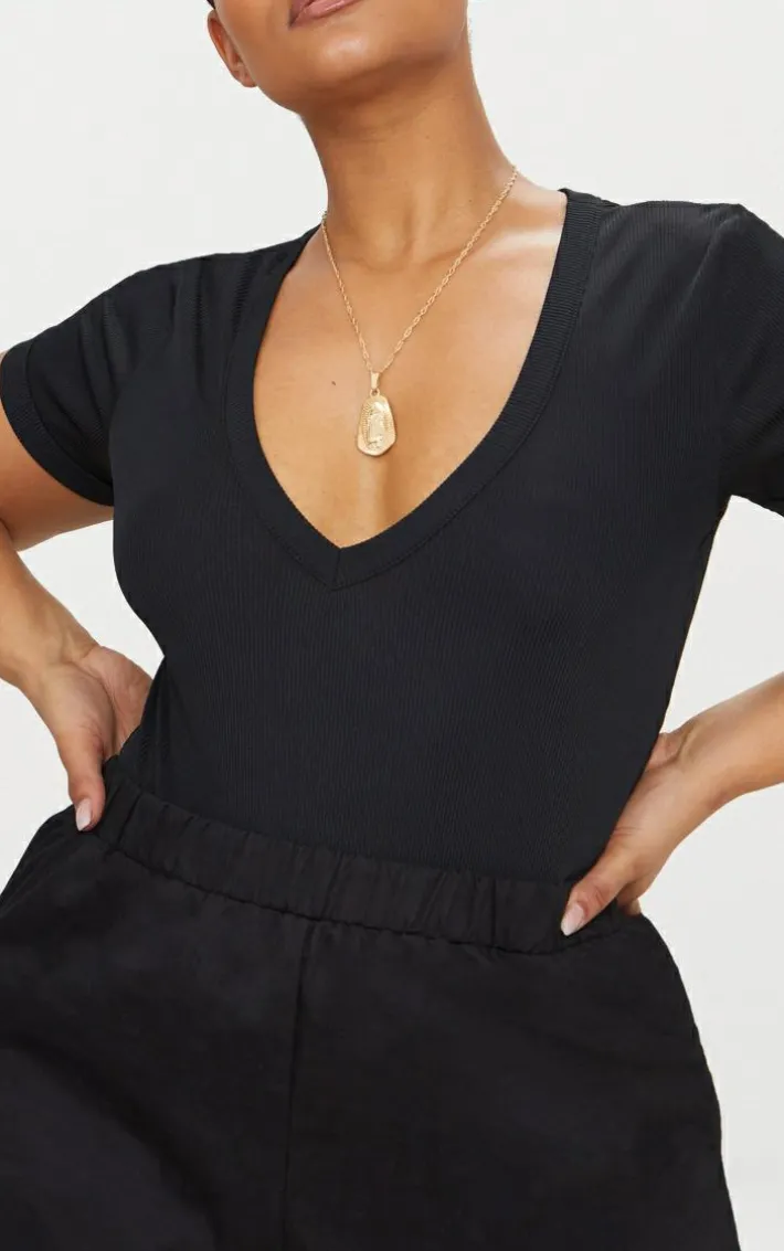 Plus Black Ribbed Plunge Short Sleeve Bodysuit