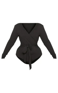Plus Black Ribbed Tie Waist Bodysuit