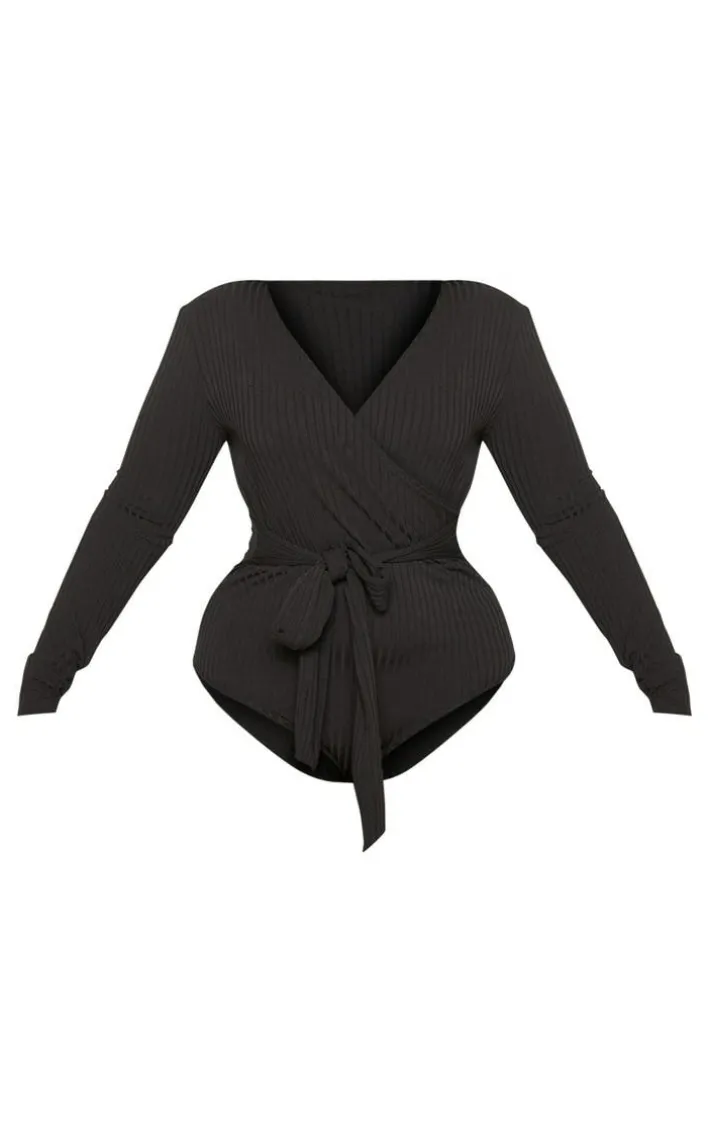 Plus Black Ribbed Tie Waist Bodysuit