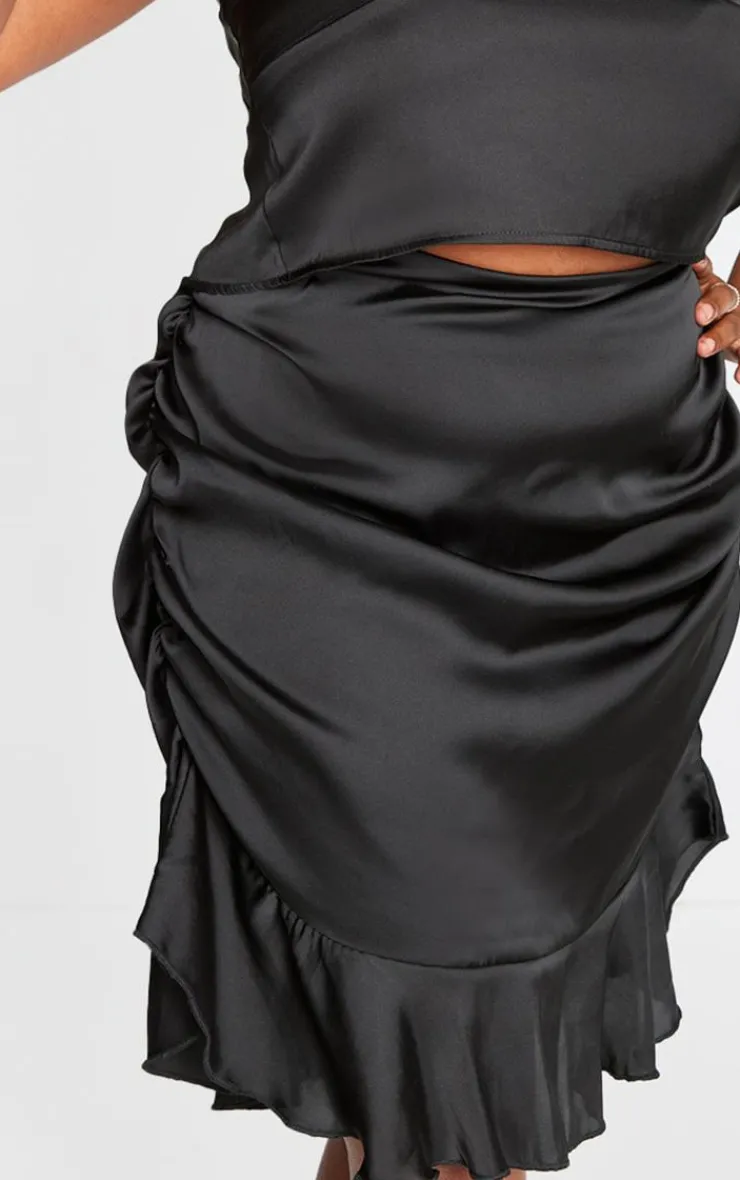 Hot PrettyLittleThing Plus Ruched Side Frill Hem Mini Skirt Black
