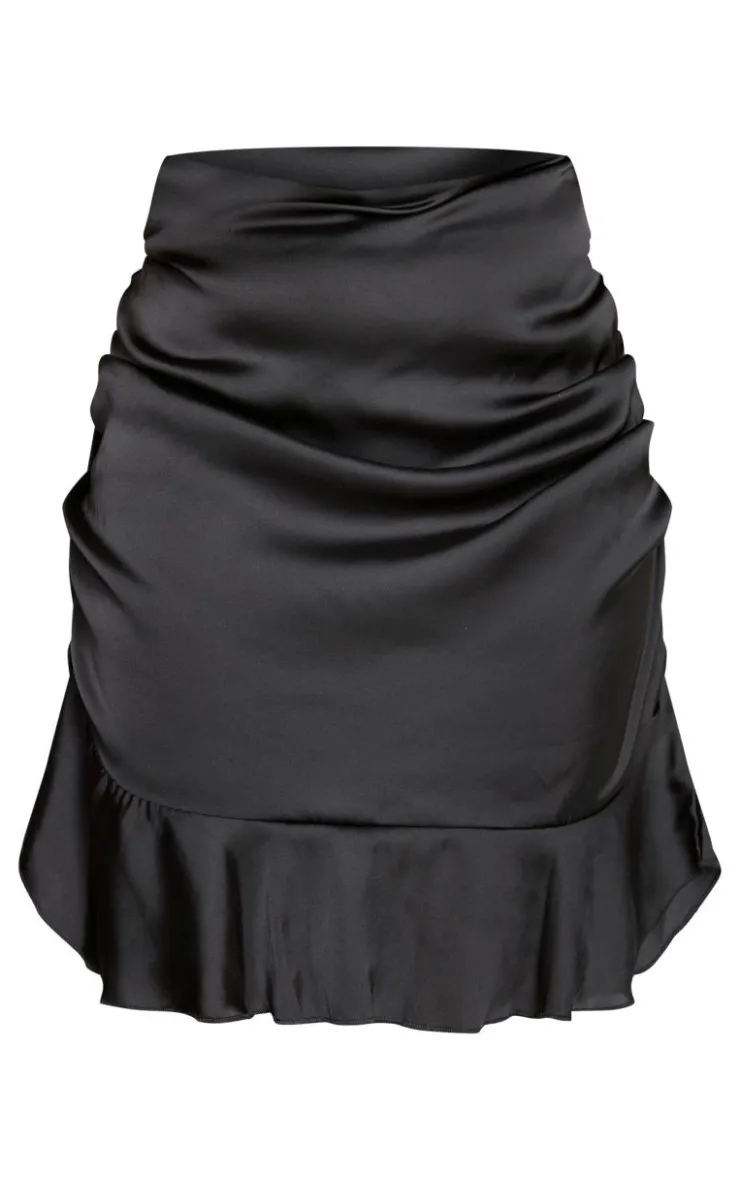 Hot PrettyLittleThing Plus Ruched Side Frill Hem Mini Skirt Black