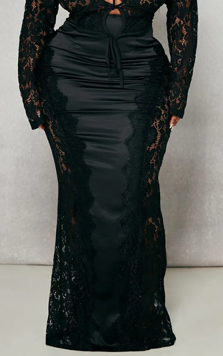 Hot PrettyLittleThing Plus Satin Lace Detail Midi Skirt Black