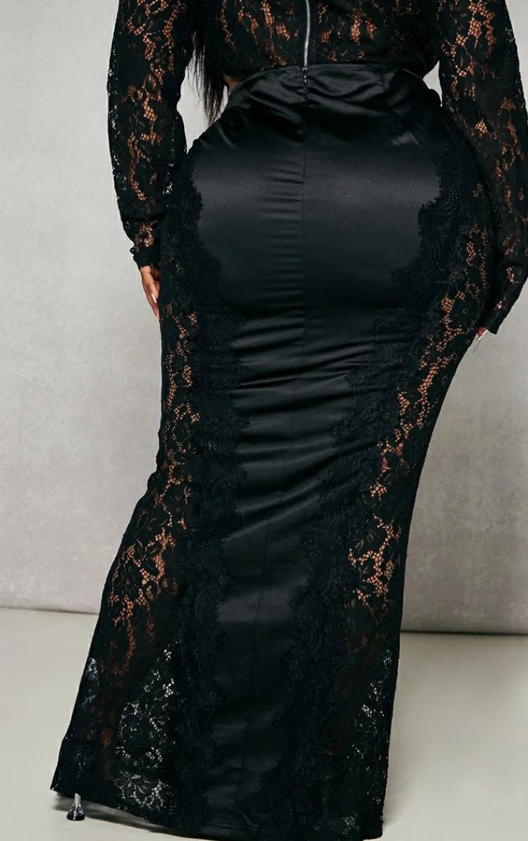 Hot PrettyLittleThing Plus Satin Lace Detail Midi Skirt Black
