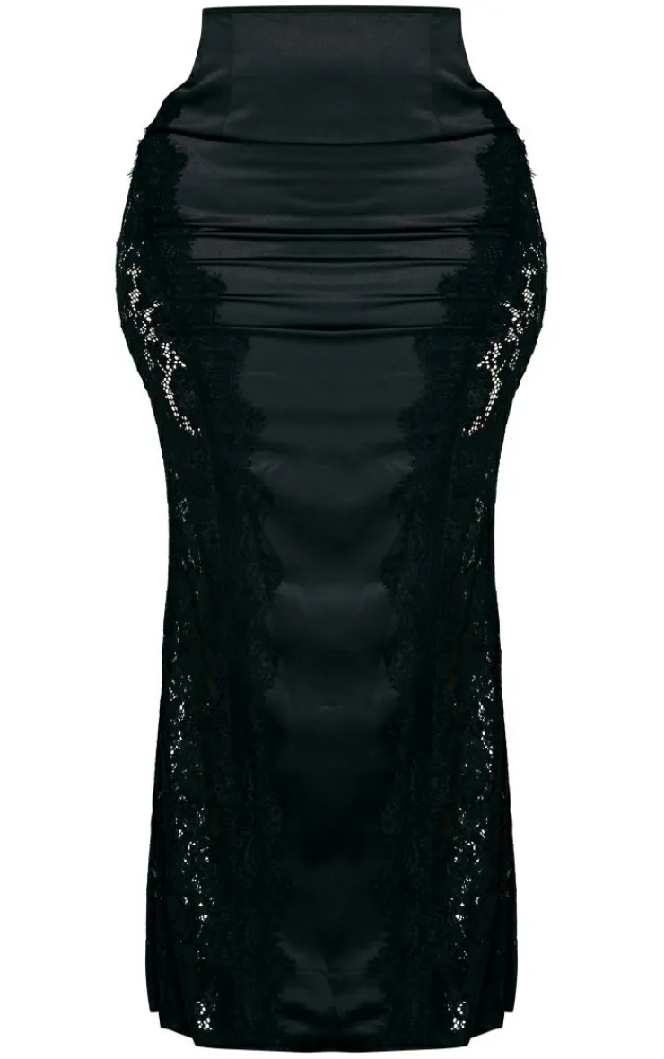 Hot PrettyLittleThing Plus Satin Lace Detail Midi Skirt Black