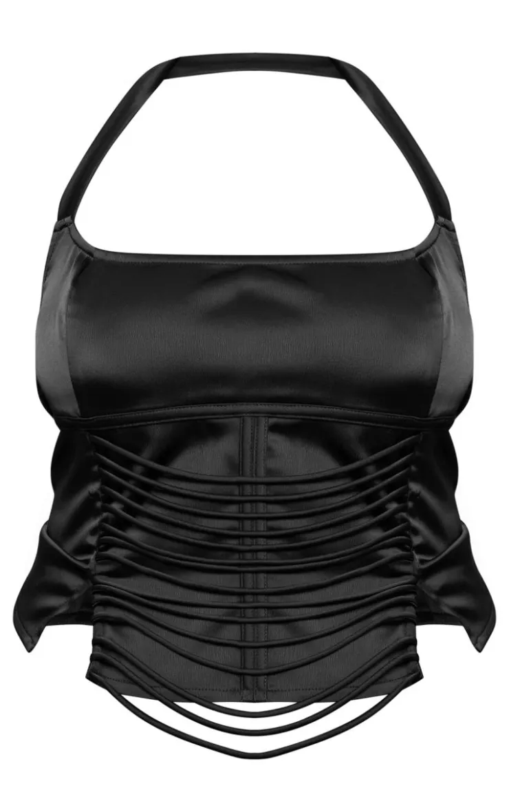Discount PrettyLittleThing Plus Satin Lace Up Front Detail Halterneck Top Black