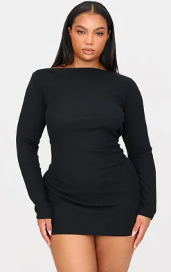 Plus Slash Neck Long Sleeve Ribbed Mini Dress-PrettyLittleThing New