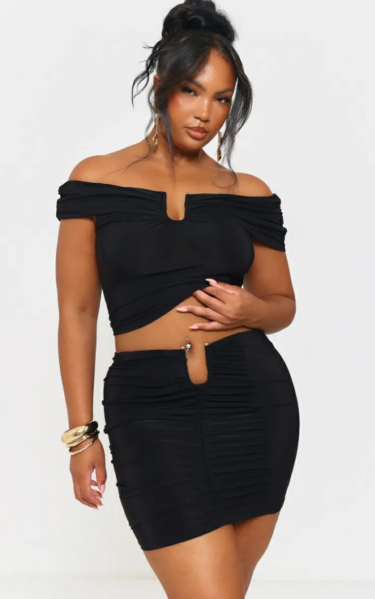New PrettyLittleThing Plus Slinky Gold Trim Drape Detail Mini Skirt Black
