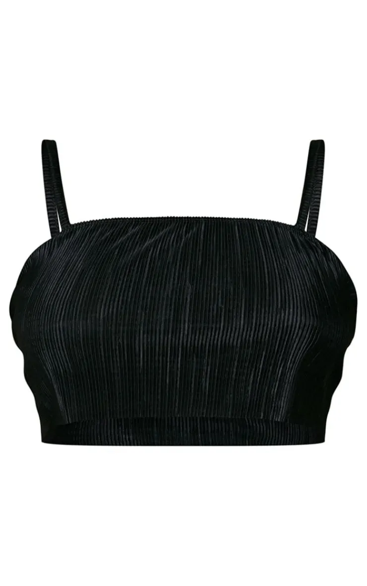 New PrettyLittleThing Plus Strappy Plisse Crop Top Black
