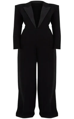 Plus Black Tailored Satin Lapel Straight Leg Jumpsuit