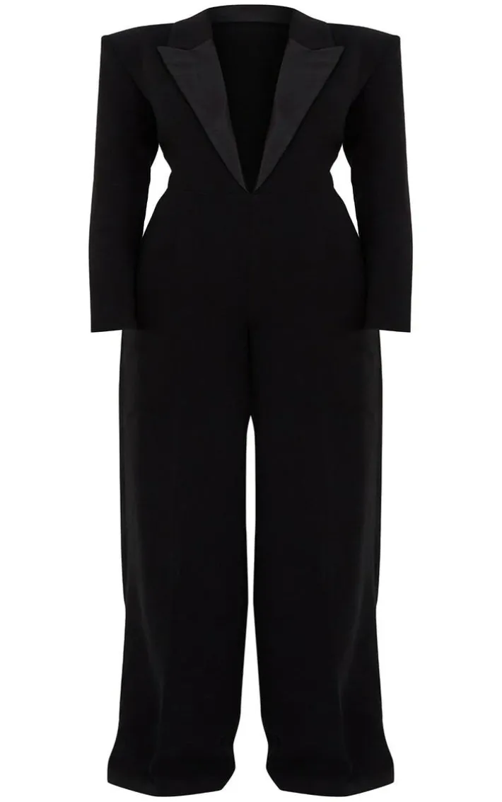 Plus Black Tailored Satin Lapel Straight Leg Jumpsuit