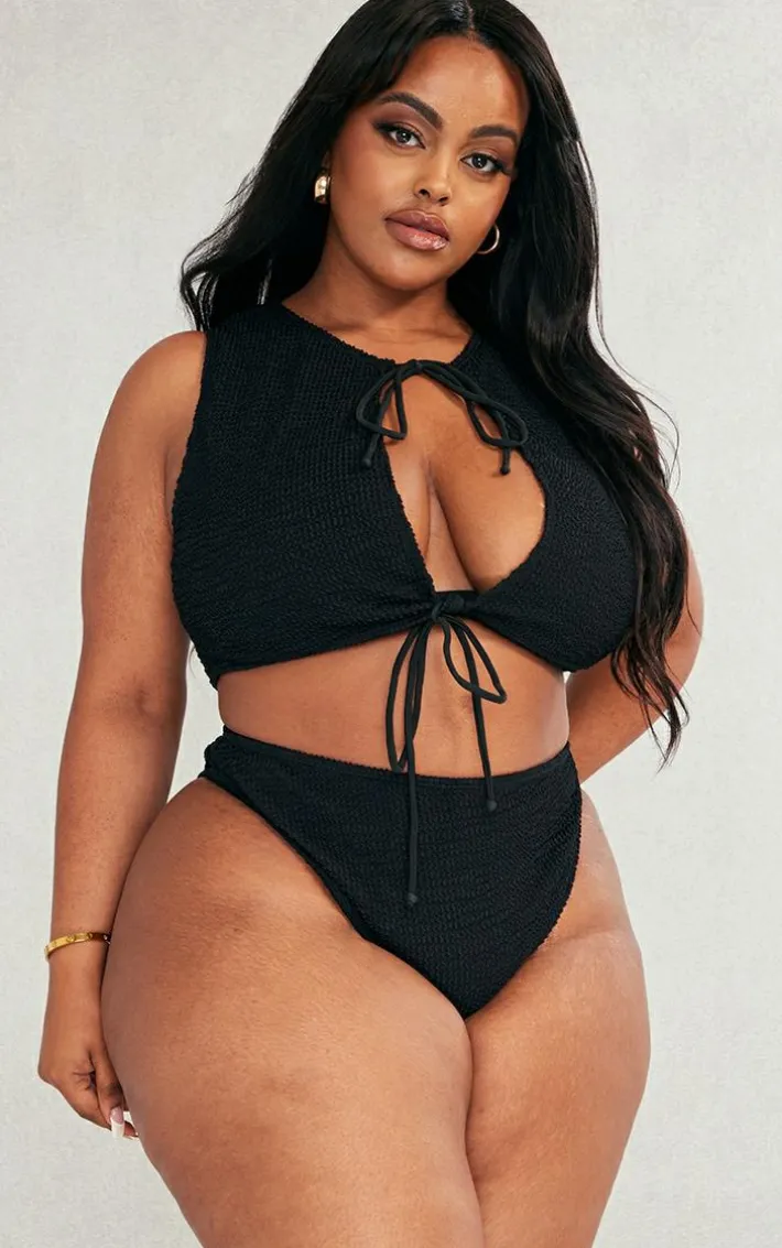 Plus Black Textured High Leg Bikini Bottoms