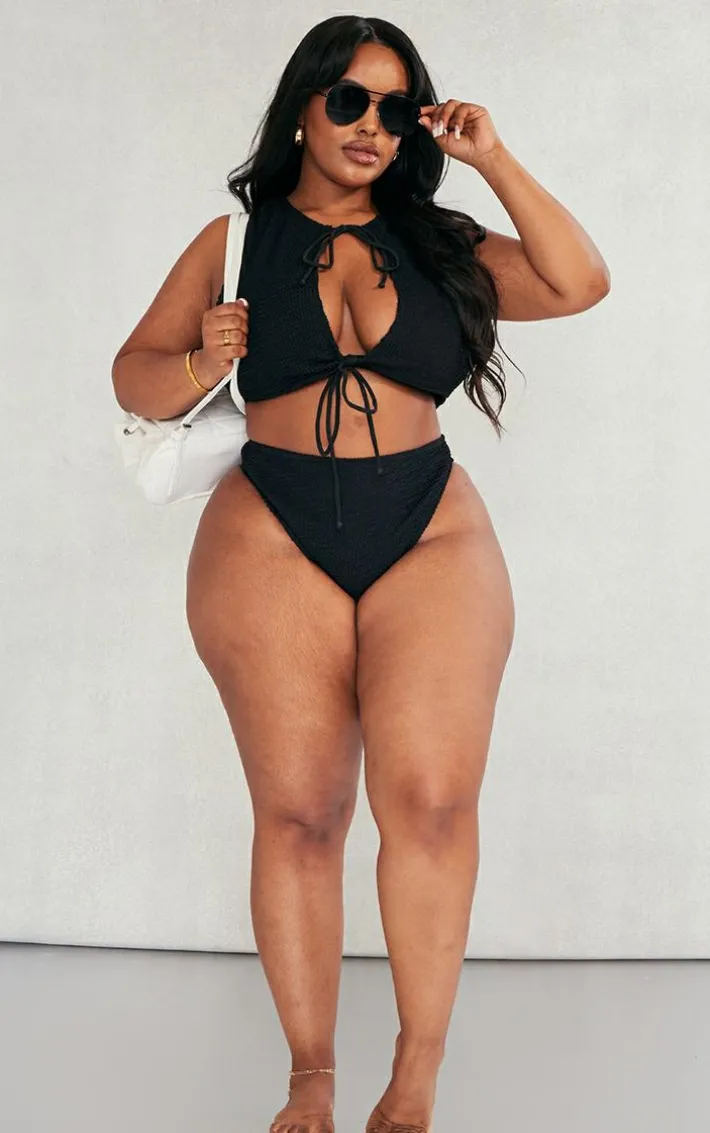 Plus Black Textured High Leg Bikini Bottoms