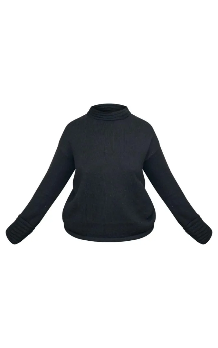 Discount PrettyLittleThing Plus Textured Knit Roll Neck Oversized Sweater Black