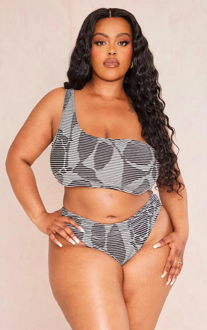 Plus Black Textured One Shoulder Bikini Top
