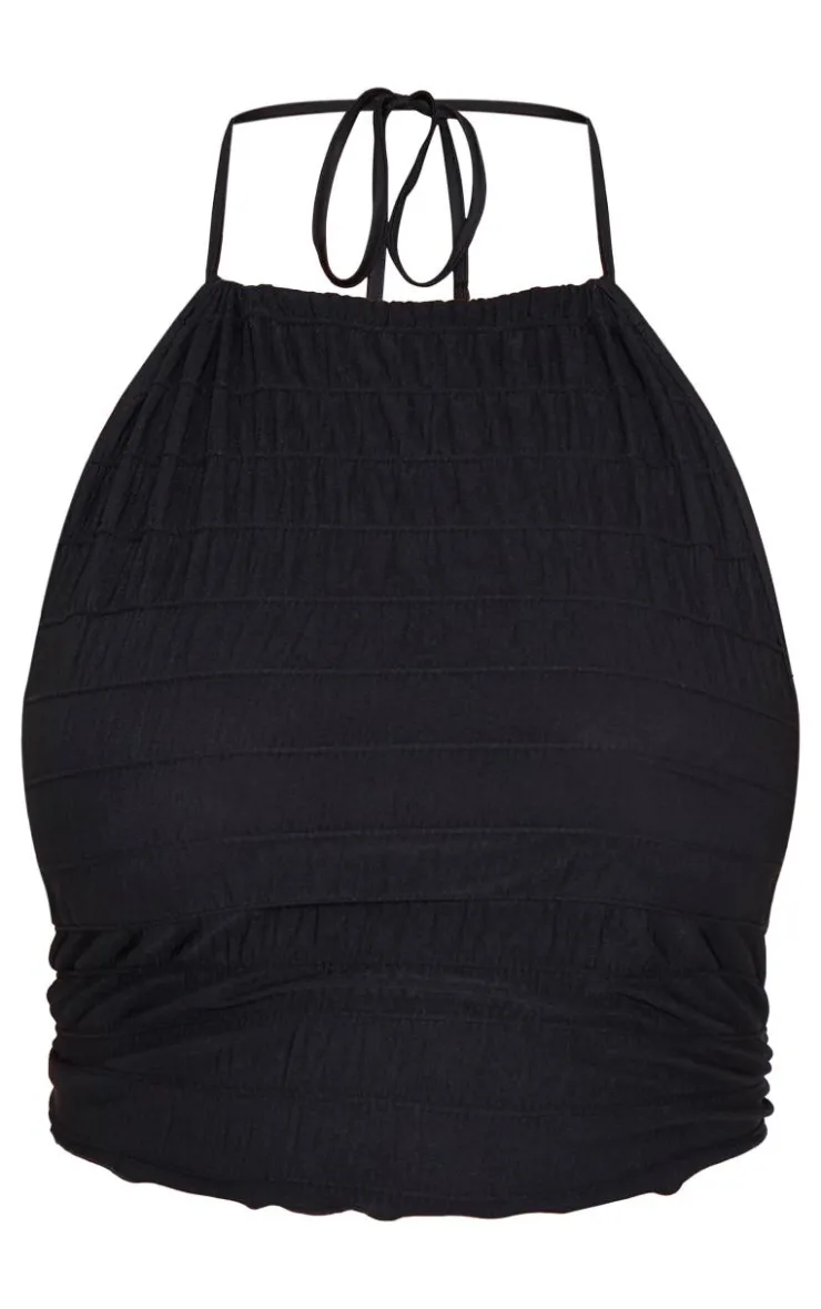 PrettyLittleThing Plus Tiered Ruched Halter Neck Top Black