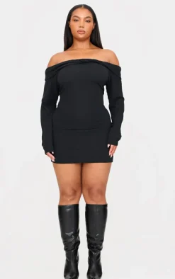 Plus Twist Front Bardot Ribbed Mini Dress-PrettyLittleThing Outlet