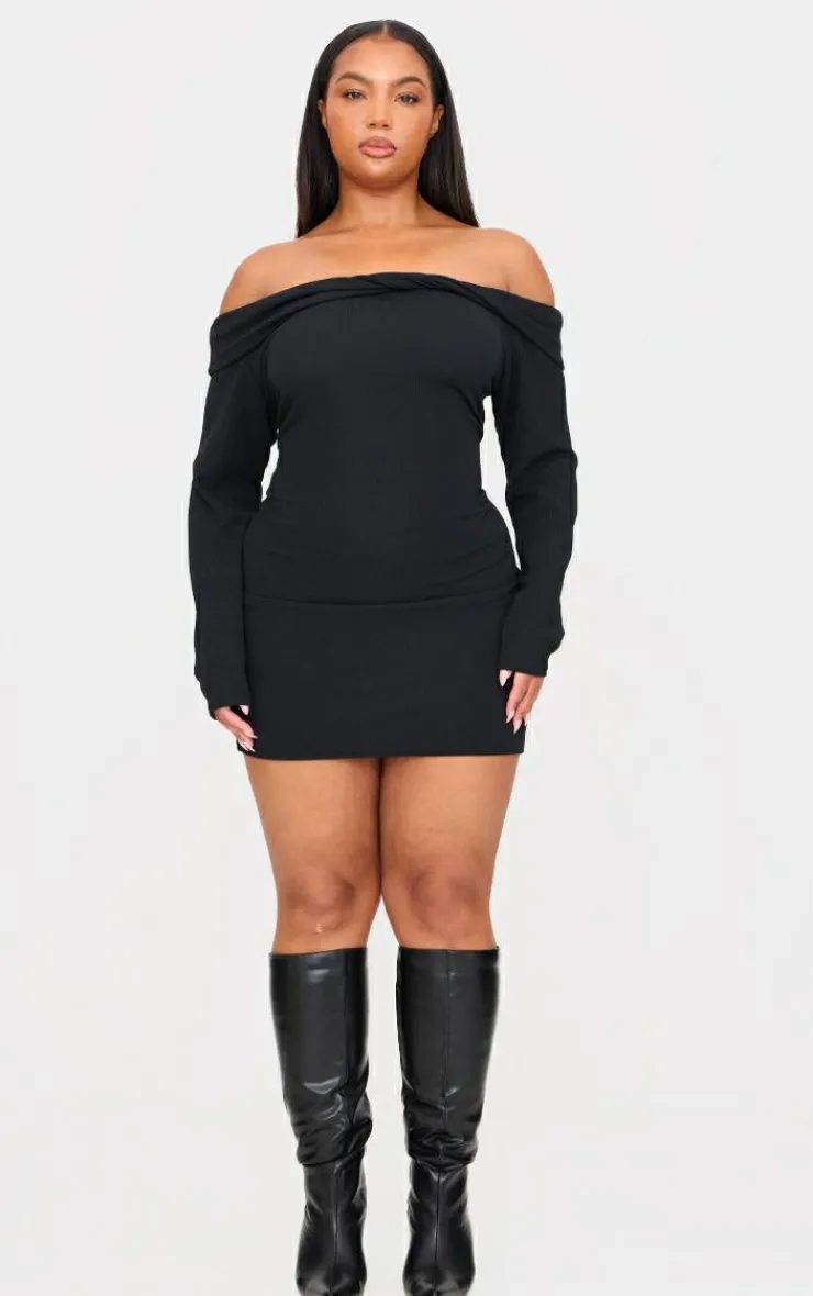 Plus Twist Front Bardot Ribbed Mini Dress-PrettyLittleThing Outlet