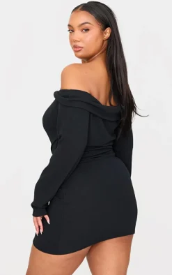 Plus Twist Front Bardot Ribbed Mini Dress-PrettyLittleThing Outlet