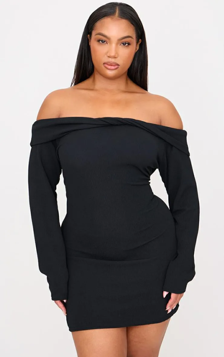 Plus Twist Front Bardot Ribbed Mini Dress-PrettyLittleThing Outlet