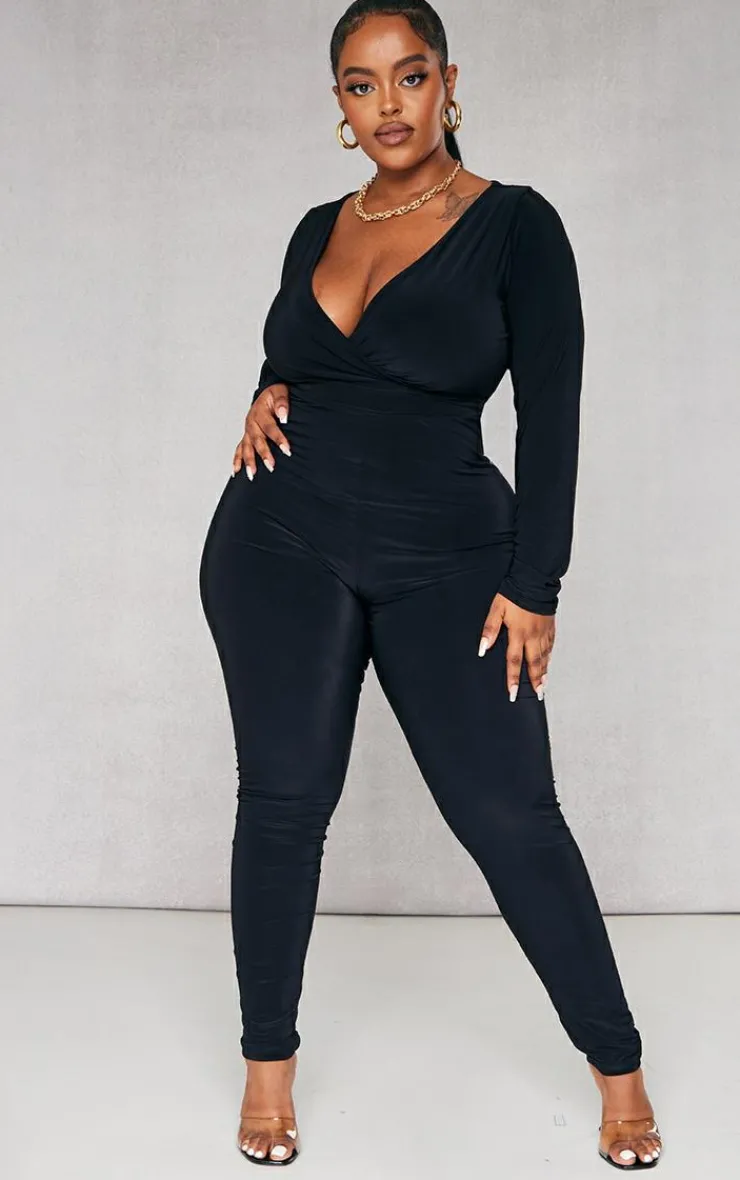Plus Wrap Front Long Sleeve Catsuit-PrettyLittleThing Clearance