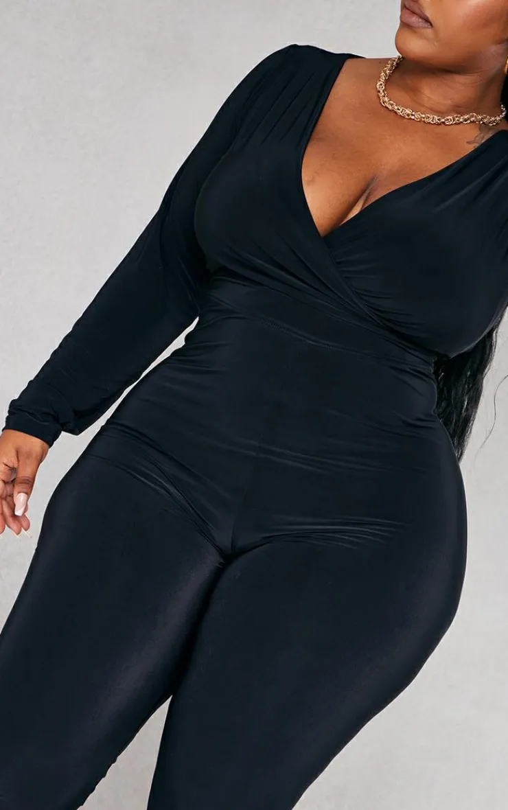 Plus Wrap Front Long Sleeve Catsuit-PrettyLittleThing Clearance