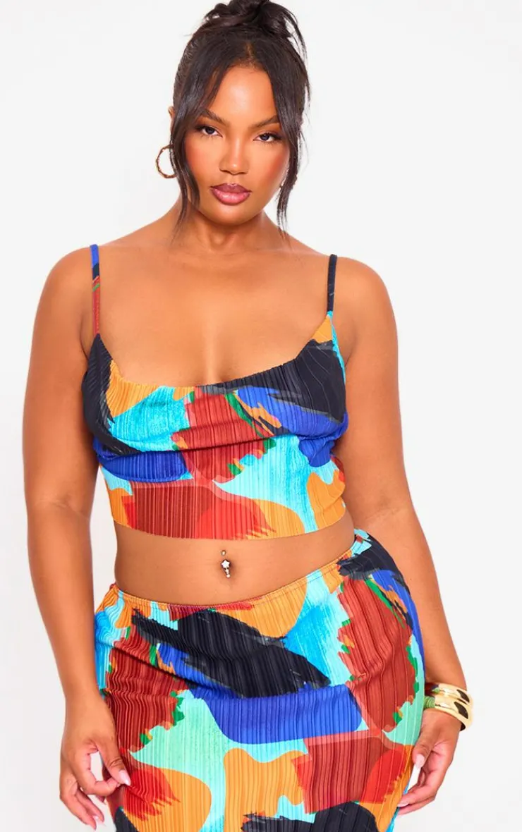 PrettyLittleThing Plus Abstract Print Plisse Strappy Cowl Neck Top Blue