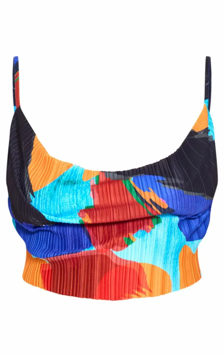 PrettyLittleThing Plus Abstract Print Plisse Strappy Cowl Neck Top Blue