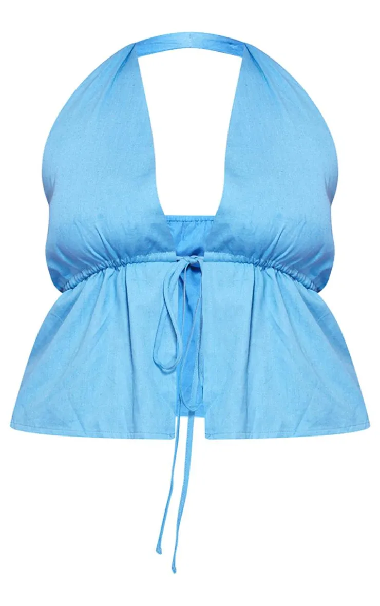 Outlet PrettyLittleThing Plus Marl Linen Look Tie Waist Longline Top Blue
